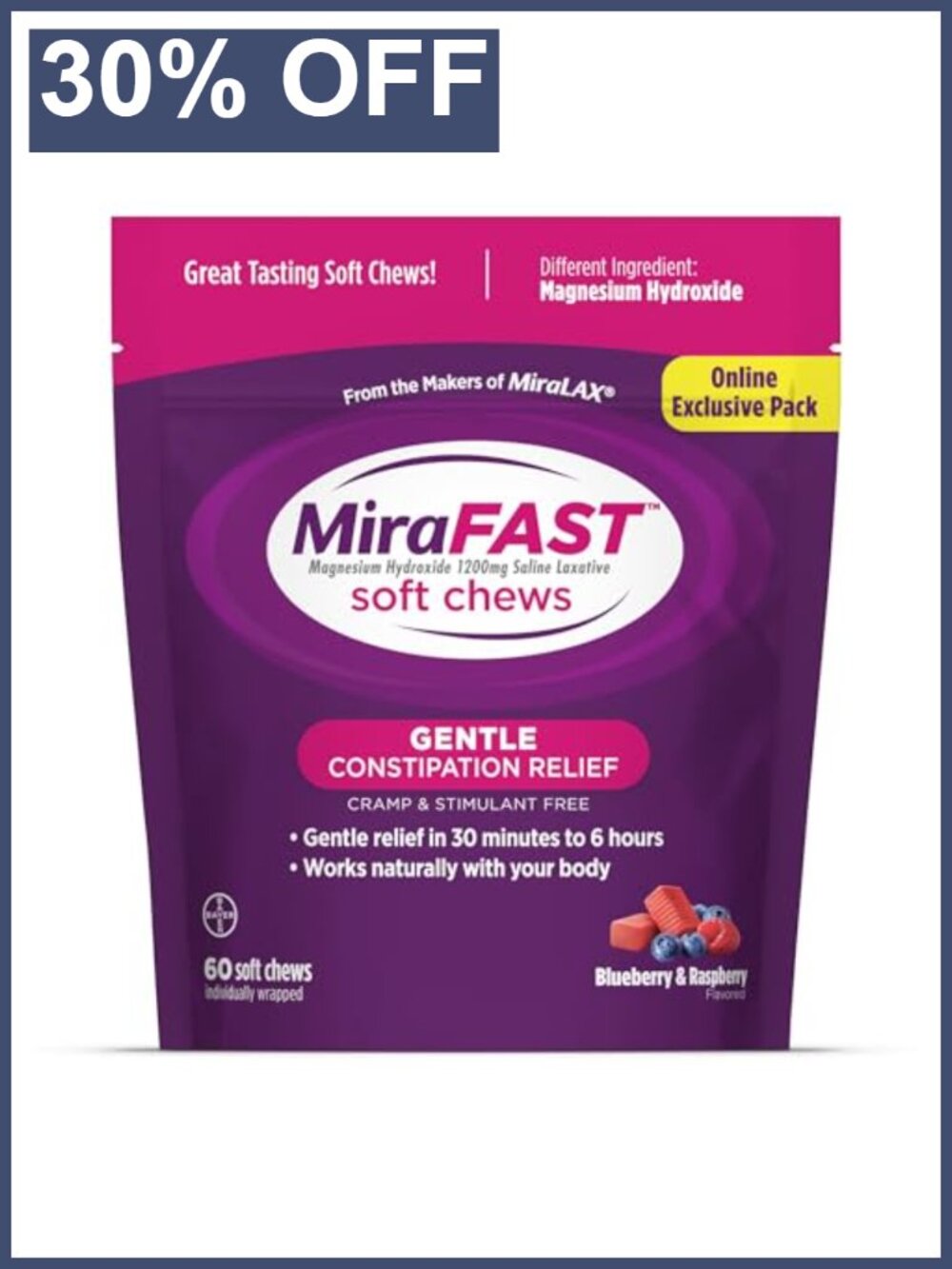 Gentle Constipation Relief Soft Chews 60ct Magnesium Hydroxide Saline Laxative
